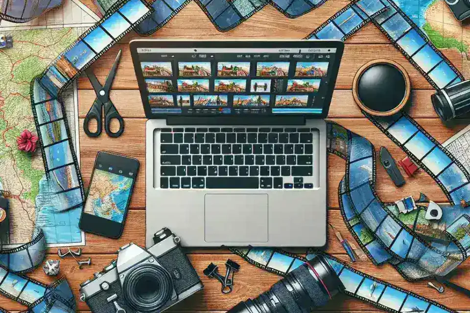 "Editor de video en acción, creando vlogs de viajes con cortes rápidos para YouTube, mostrando la pantalla con software de edición y clips visuales vibrantes."