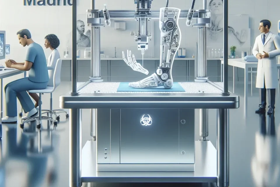 "Impresora 3D en hospital de Madrid creando prótesis personalizadas para pacientes, destacando innovación en medicina y tecnología."