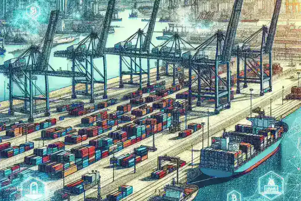 "Infographic illustrating the digitalization of logistics operations at El Puerto de Santander using blockchain technology, showcasing enhanced efficiency and transparency."