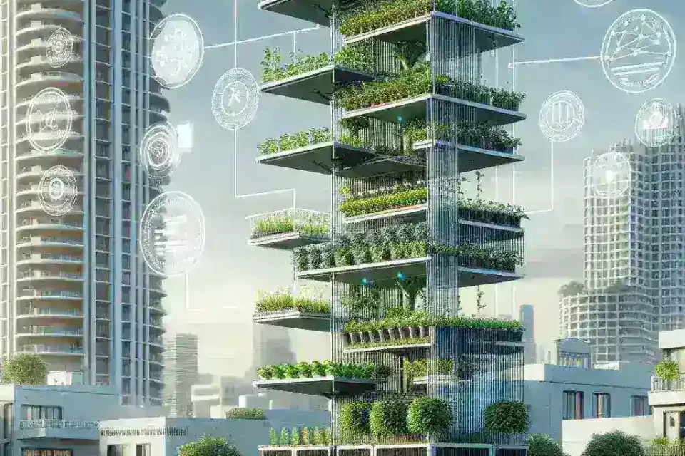 "Imagen de un sistema de agricultura vertical en un balcón urbano, utilizando tecnología de inteligencia artificial para optimizar el cultivo de plantas y hortalizas en espacios reducidos."