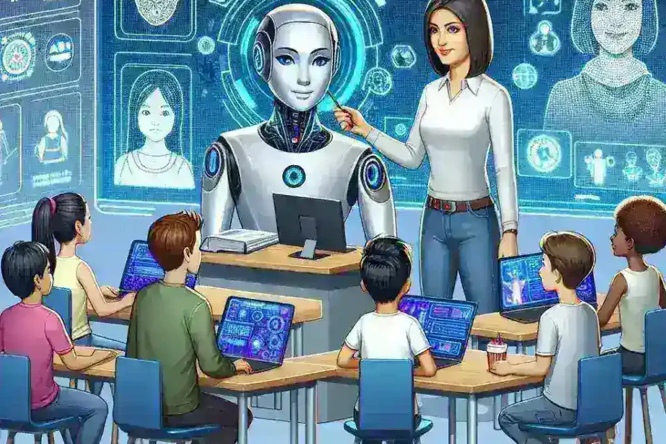 "Estudiantes utilizando plataformas de aprendizaje digital con inteligencia artificial para personalizar su educación, simbolizando el futuro de la educación moderna."